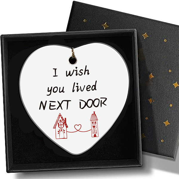 

PandaHall Printed Porcelain Hanging Ornaments, with Rope and Box, Heart, House, 72x76x3mm Porcelain House