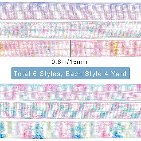 

PandaHall GORGECRAFT 24 Yards 6 Styles Rainbow Fold Over Elastic Ribbon 5/8''Spandex Fabric Band Pastel Stretch Foldover FOE Headband Trim..., Multicolor