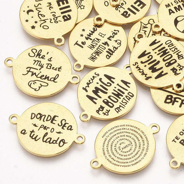 

PandaHall 304 Stainless Steel Links, with Enamel, Flat Round with Word, Golden, 21.5x16x1mm, Hole: 1.4mm 304 Stainless Steel Flat Round