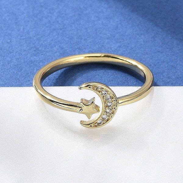 Latón ajustable micro pavimento claro cubic zirconia manguito anillos, anillos abiertos, Plateado de larga duración, la luna y las estrellas, real 18k chapado en oro, diámetro interior: 15.2 mm