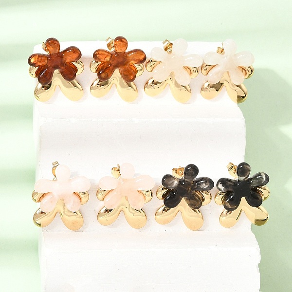 Boucles d'oreilles puces en résine et acier inoxydable 304 en forme de fleur pour femmes