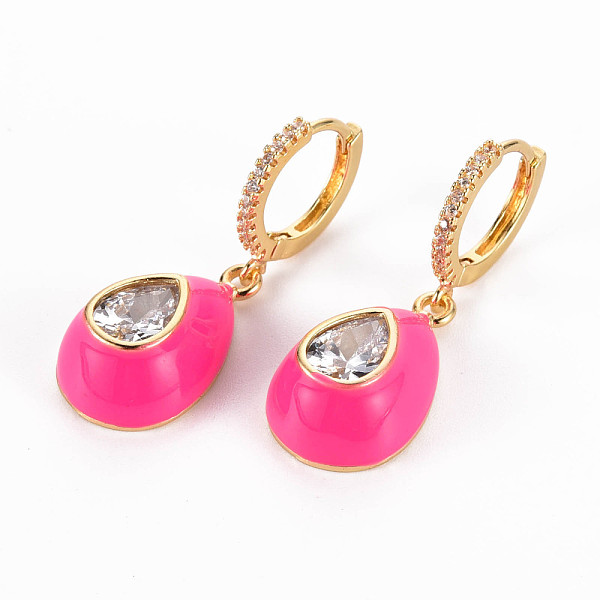 

PandaHall Brass Micro Pave Clear Cubic Zirconia Huggie Hoop Earrings, with Enamel, Nickel Free, Teardrop, Golden, Hot Pink, 33mm, Pin: 1mm...