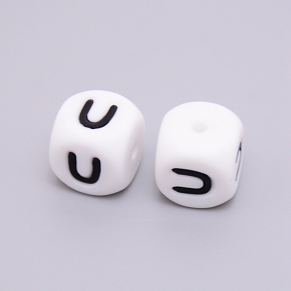 

PandaHall Silicone Beads, Cube with Letter.U, White, 12x12x12mm, Hole: 2mm Silicone Cube White