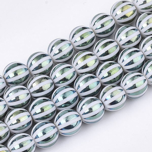 

PandaHall Electroplate Glass Beads Strands, Round with Stripe, Cadet Blue, 10x9.5mm, Hole: 1.2mm, about 30pcs/strand, 11.2 inch Glass Stripe...