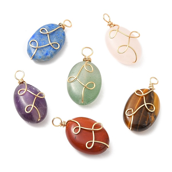 PandaHall 6Pcs Natural Mixed Gemstone Pendants, Oval Charms with Eco-Friendly Light Gold Plated Copper Wire Wrapped, 17.5~18.5x9~9.5x4.5~6mm...