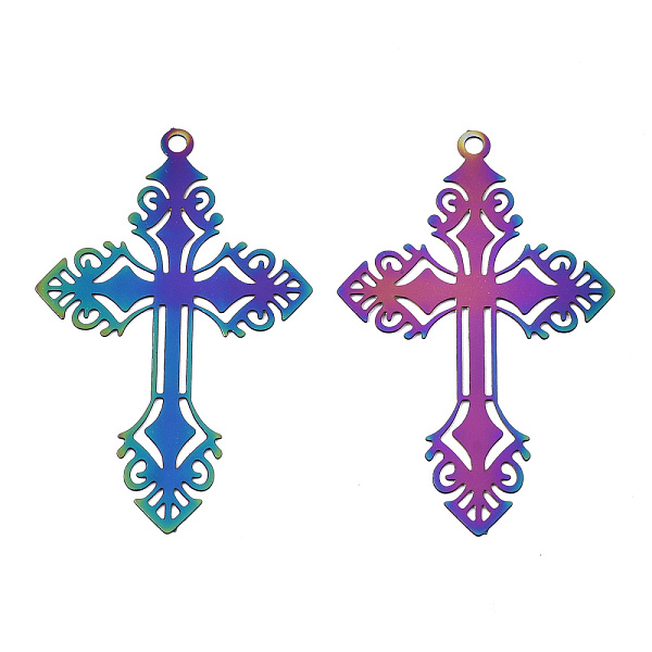 

PandaHall Ion Plating(IP) 201 Stainless Steel Filigree Pendants, Etched Metal Embellishments, Cross, Rainbow Color, 40x25x0.3mm, Hole: 1.6mm...