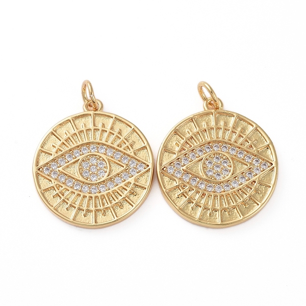 

PandaHall Brass Micro Pave Clear Cubic Zirconia Pendants, with Jump Rings, Long-Lasting Plated, Flat Round with Evil Eye, Golden...