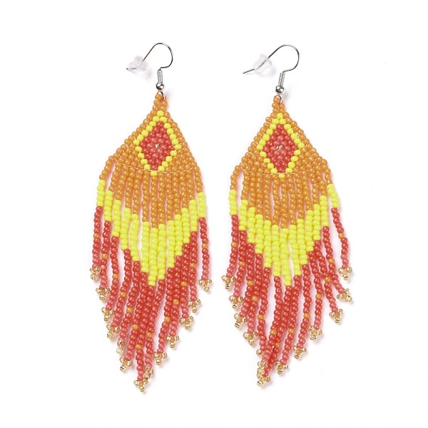 

PandaHall Glass Seed Braided Rhombus with Tassel Chandelier Earrings, Bohemian Brass Wire Wrap Drop Earrings for Women, Dark Orange, 90mm..., Multicolor
