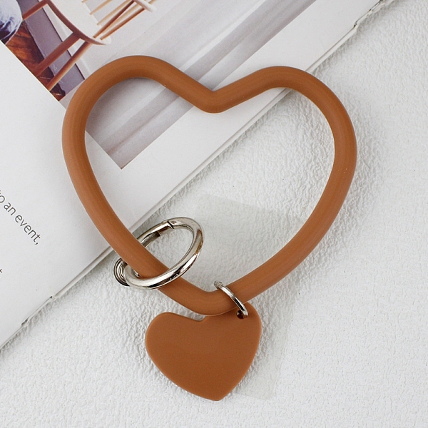 PandaHall Silicone Heart Loop Phone Lanyard, Wrist Lanyard Strap with Plastic & Alloy Keychain Holder, Sienna, 7.5x8.8x0.7cm Silicone Brown
