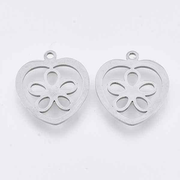 

PandaHall 201 Stainless Steel Pendants, Laser Cut Pendants, Heart with Flower, Stainless Steel Color, 17.5x15.5x1mm, Hole: 1.4mm 201...