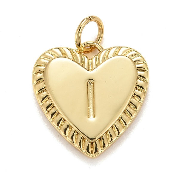 Rack Plating Real 18K Gold Plated Brass Pendants, with Jump Rings, Long-Lasting Plated, Lead Free & Cadmium Free & Nickel Free, Heart with Letter A-Z, Letter.I, 16x15x2.5mm, Jump Ring: 5x0.5mm, 3mm Inner Diameter