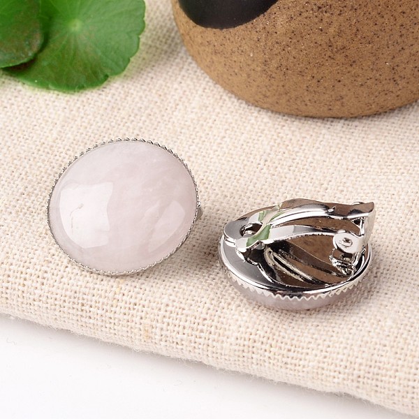 

PandaHall Natural Rose Quartz Dome/Half Round Clip-on Earrings, with Platinum Plated Brass Findings, 21mm Rose Quartz