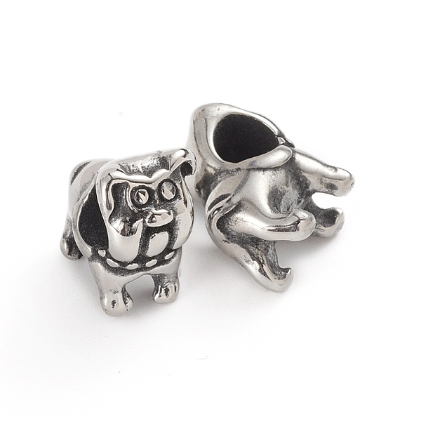 PandaHall 304 Stainless Steel European Beads, Large Hole Beads, Bulldog, Antique Silver, 14x9x12.2mm, Hole: 5mm 304 Stainless Steel Dog