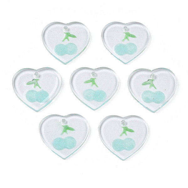 

PandaHall Transparent Resin Pendants, with Glitter Powder, Heart with Cherry, Pale Turquoise, 18x19.5x2~2.5mm, Hole: 1.4mm Resin Heart