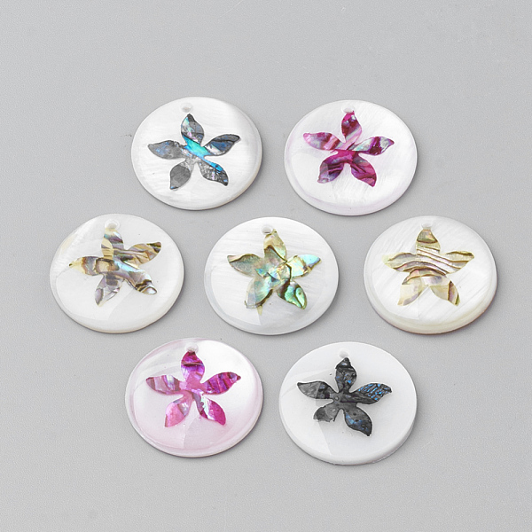 

PandaHall Freshwater Shell Pendants, Covered with Iron Findings, Flat Round with Flower, Mixed Color, 20x3~4mm, Hole: 1.4mm Freshwater Shell..., Multicolor