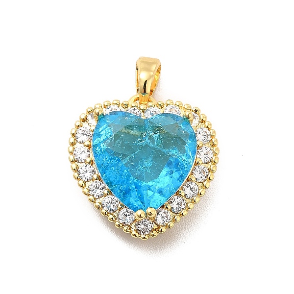 

PandaHall Brass Micro Pave Clear Cubic Zirconia Pendants, with Faceted Glass, Heart Charm, Real 18K Gold Plated, Deep Sky Blue...