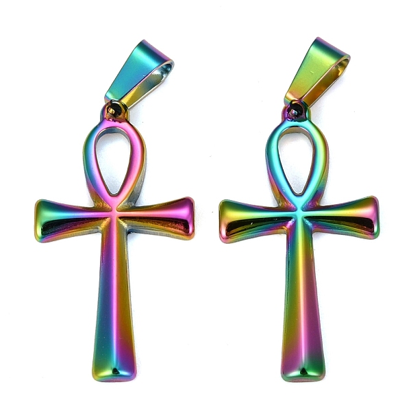 

PandaHall Ion Plating(IP) 304 Stainless Steel Pendants, for Jewelry Making, Ankh Cross, Rainbow Color, 30x16x2mm, Hole: 4.5x7mm 304...