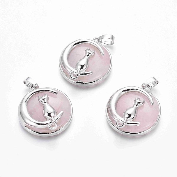 

PandaHall Natural Rose Quartz Kitten Pendants, with Platinum Tone Brass Findings, Flat Round with Cat & Crescent Moon Shape, 32x28x9mm, Hole...