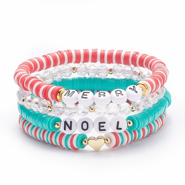 

PandaHall 4Pcs 4 Style Handmade Polymer Clay Heishi Sunfer Stretch Bracelets Set with Brass Heart, Word Merry Noel Acrylic Preppy Bracelets..., Multicolor