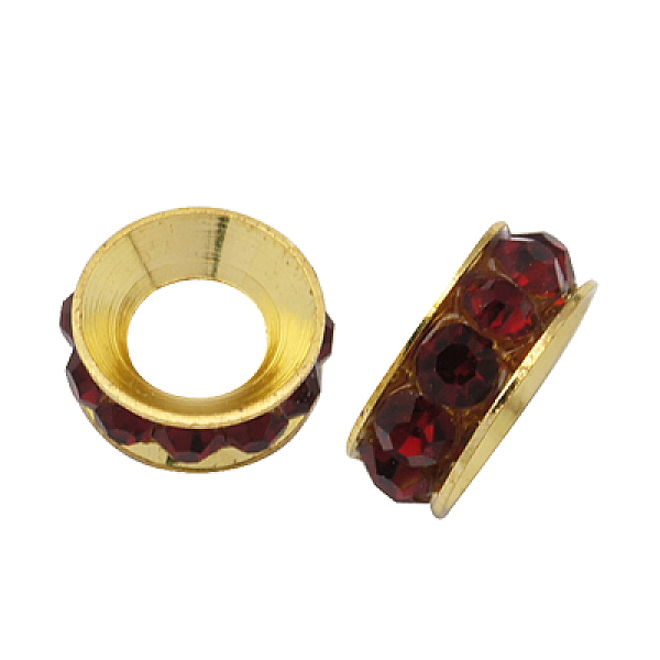 

PandaHall Brass Rhinestone Spacer Beads, Grade A, Rondelle, Golden Metal Color, Siam, 9x4mm, Hole: 4mm Brass+Rhinestone Rondelle Red