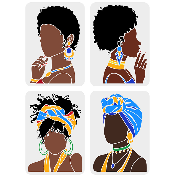 

PandaHall FINGERINSPIRE 4 Pcs Beauty African Tribal Girl Painting Stencils 11.7x8.3 inch Young Girl Face Silhouette Stencil Reusable PET...