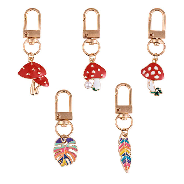 

PandaHall 5Pcs Alloy Enamel Keychain, with Alloy Findings, Monstera Leaf & Mushroom & Leaf, Golden, 5.9x1.6cm Alloy Mushroom