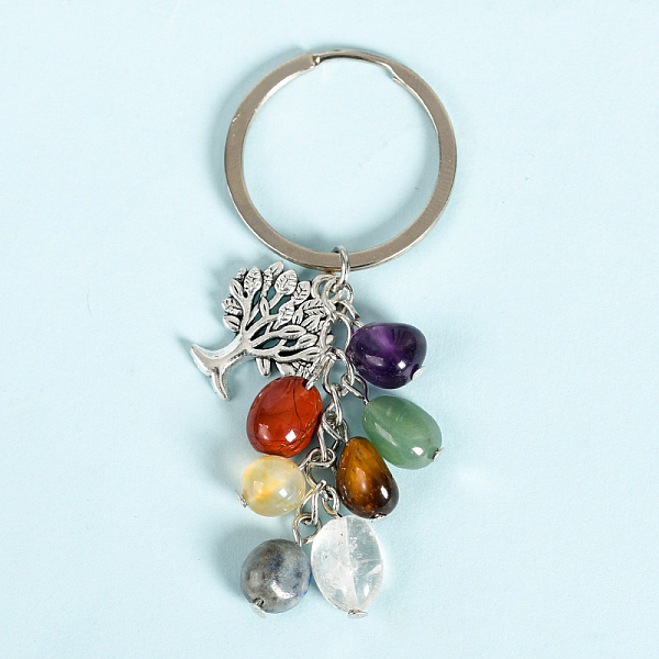 

PandaHall Natural Gmestone Cluster Keychain, Tumbled Stone, Alloy Tree of Life Charms Keychain, 8.3cm Mixed Stone Tree of Life