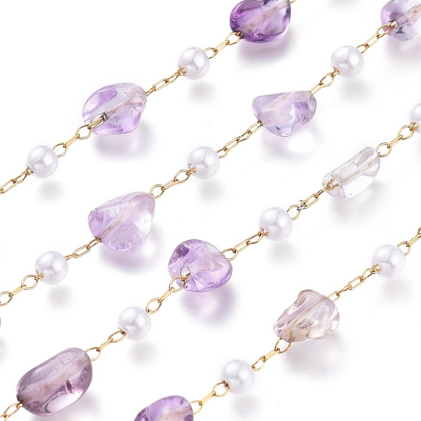 

PandaHall 304 Stainless Steel Link Chains, with Glass Pearl & Natural Ametrine Nuggets Beads, Long-Lasting Plated, Unwelded, with Spool..., Purple