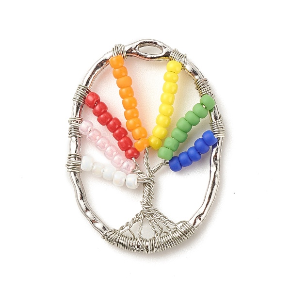 

PandaHall Glass Seed Beads Pendants, with Brass Wire & Alloy Findings, Oval, Platinum, 30x22x2mm, Hole: 1x3mm Alloy+Glass Oval