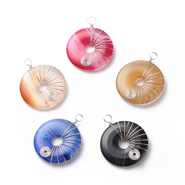 

PandaHall Natural Striped Agate/Banded Agate Pendants, Dyed, with Eco-Friendly Copper Wire Wrapped, Donut/Pi Disc Charm, Mixed Color, Silver..., Multicolor
