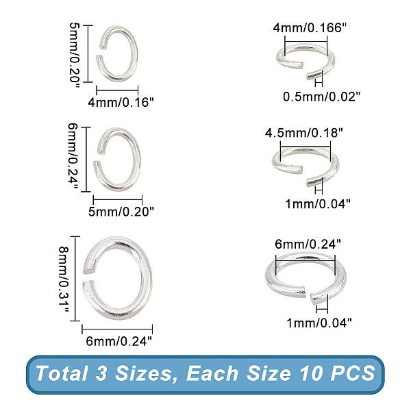 BENECREAT 30Pcs 3 Size 925 Sterling Silver Open Jump Rings