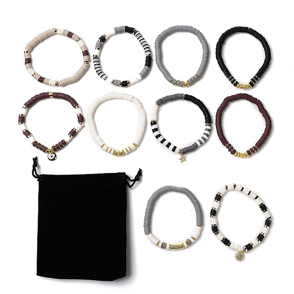 

PandaHall 10Pcs 10 Styles Polymer Clay Heishi Beads Stretch Bracelets Sets, Stackable Bracelets, with Brass Beads and Brass Micro Pave Cubic..., Multicolor