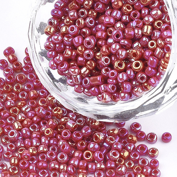 

PandaHall Opaque Glass Seed Beads, Rainbow Plated, Round, Cerise, 2mm, Hole: 1mm, about 30000pcs/bag Glass Red