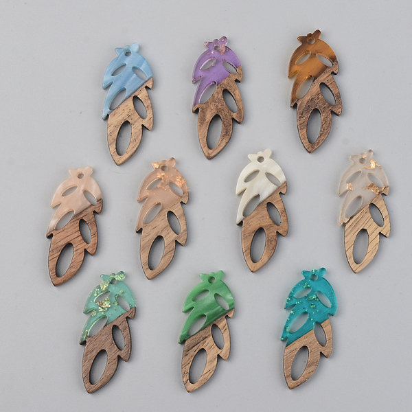 

PandaHall Resin & Walnut Wood Pendants, Leaf, Mixed Color, 37.5x15.5x3mm, Hole: 2mm Resin+Wood Leaf Multicolor
