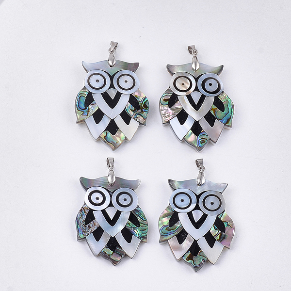 

PandaHall Mixed Shell Big Pendants, with Brass Findings, Owl, Platinum, 50~53x37.5~40x4~5mm, Hole: 6x4mm Shell Owl