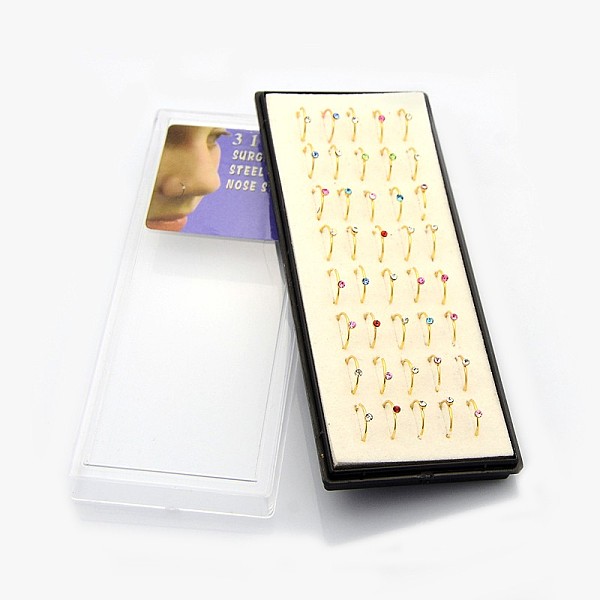 

PandaHall 40Pcs 316L Surgical Stainless Steel Rhinestone Hoop Nose Rings, Nose Piercing Jewelry, Golden, Mixed Color, 9mm, Inner Diameter..., Multicolor