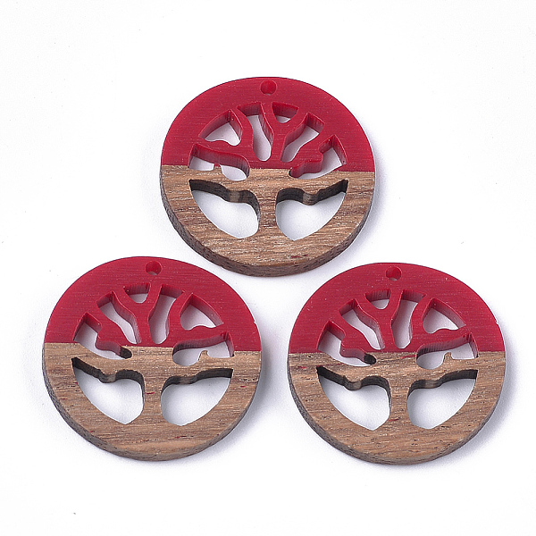 

PandaHall Resin & Walnut Wood Pendants, Flat Round with Tree, Red, 28x2.5~4mm, Hole: 1.8mm Resin+Wood Flat Round Red