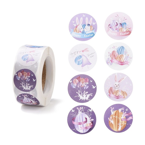 pandahall 8 patterns easter theme self adhesive paper sticker rolls, with rabbit pattern, round sticker labels, gift tag stickers, mixed...