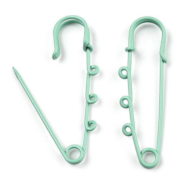 

PandaHall Spray Painted Iron Brooch Findings, Kilt Pins with Triple Loops, Aquamarine, 59x18x6mm, Hole: 2mm Iron Green