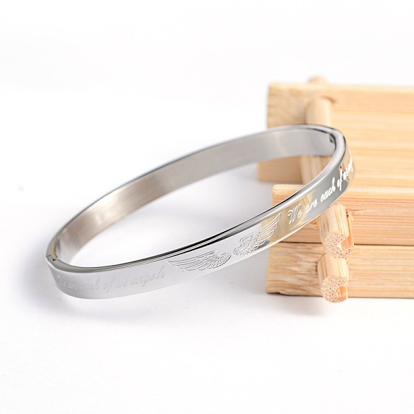 

PandaHall 304 Stainless Steel Bangles, Wings with Phrase We are each of us angels, Stainless Steel Color, 50x58mm 304 Stainless Steel