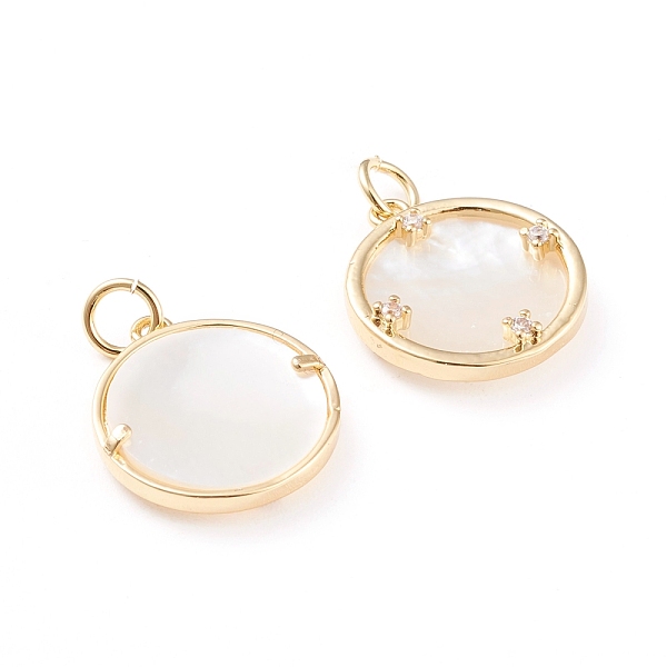 

PandaHall Brass Micro Pave Clear Cubic Zirconia Pendants, with Jump Rings and Natural Shell, Long-Lasting Plated, Flat Round, Real 18K Gold...