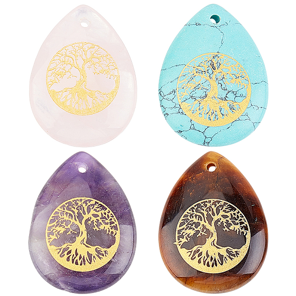 

PandaHall SUNNYCLUE 1 Box 4 Style Teardrop Stones with Tree of Life Pattern Gemstone Pendants Healing Stone Amulet Chakra Stone Charms for...