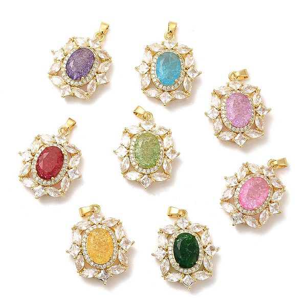 

PandaHall Rack Plating Brass & Crushed Ice Cut Cubic Zirconia Pendants, with Glass Rhinestone, Flower Charm, Real 14K Gold Plated..., Multicolor