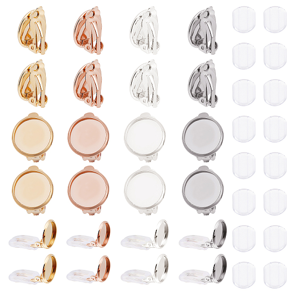 PandaHall UNICRAFTALE 32 Sets 4 Colors Flat Round Clip-on Earring Settings with Silicone Earring Pads Non-Pierced Earrings 304 Stainless...