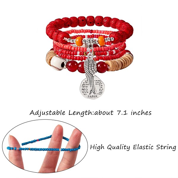

PandaHall 5Pcs 5 Style Wood & Glass Seed & Acrylic Beaded Stretch Bracelets Set with Baseball, Bohemian Stackable Bracelets with Alloy Wings..., Red