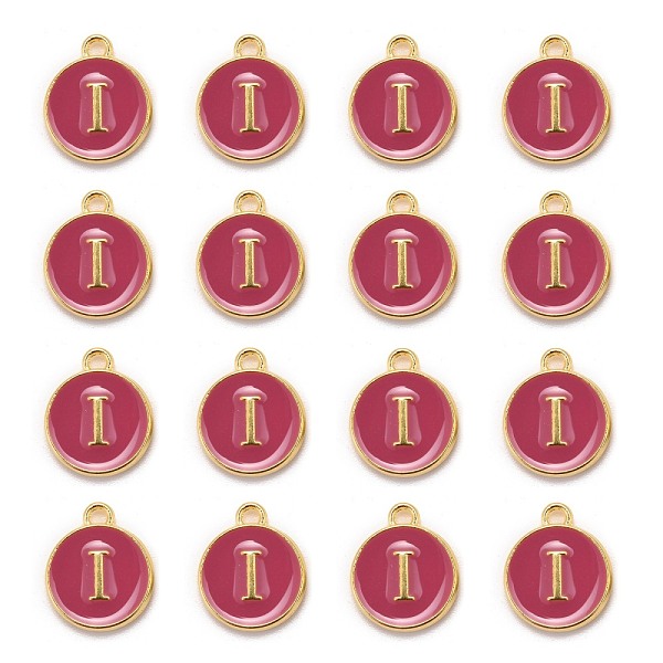 

PandaHall Golden Plated Alloy Enamel Charms, Cadmium Free & Lead Free, Enamelled Sequins, Flat Round with Letter, Camellia, Letter.I..., Pink