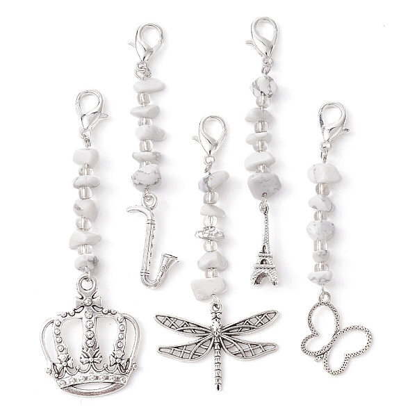

PandaHall Wedding Theme Alloy Pendants Decorations, with Howlite Chip, with Alloy Lobster Claw Clasps, Mixed Shapes, Antique Silver &...