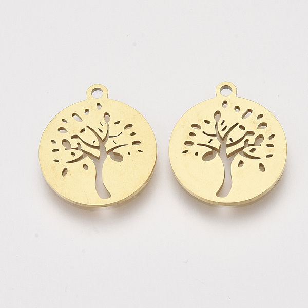 

PandaHall 201 Stainless Steel Pendants, Laser Cut Pendants, Flat Round with Tree, Golden, 17x15x1mm, Hole: 1.4mm 201 Stainless Steel Flat...