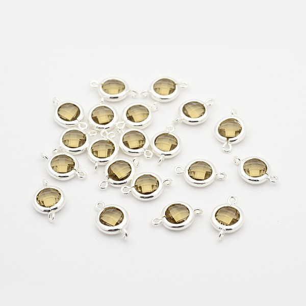 PandaHall Silver Color Plated Brass Glass Links connectors, Faceted Flat Round, Coffee, 15x9x3mm, Hole: 1mm Glass Flat Round Brown