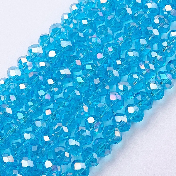 

PandaHall Electroplate Glass Beads Strands, AB Color Plated, Faceted Rondelle, Sky Blue, 6x4mm, about 87~90pcs/strand Glass Rondelle